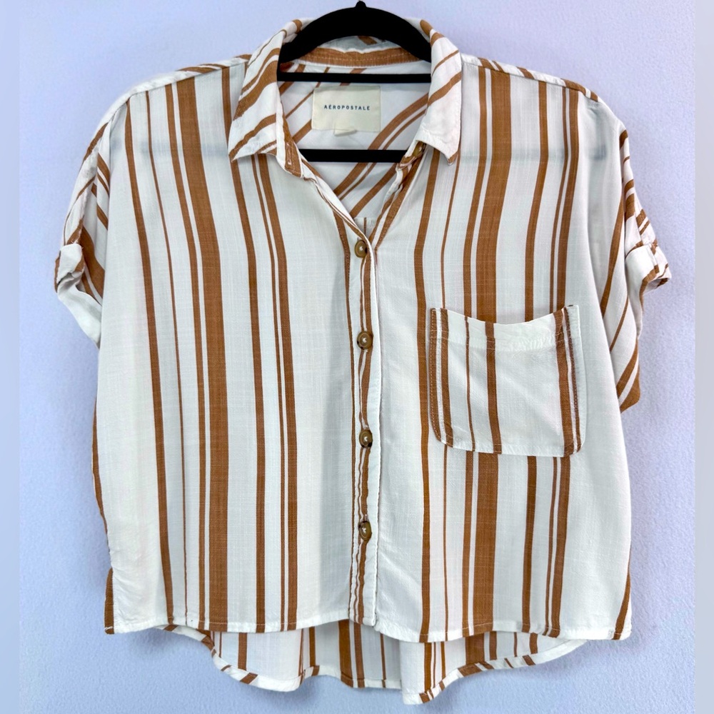Aeropostale Women’s Button Up Shirt Crop Top Blouse White Bronze Stripes Sz M